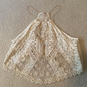 Free People Size XS crochet, beaded, lace halter top w/ gold thread. Never worn